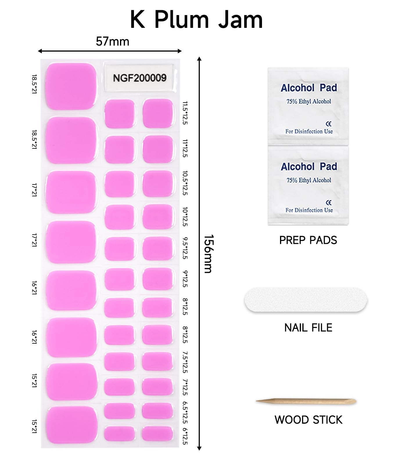 Semi Cured Pedicure Strips, Plum Jam, 32pcs Toenail Sticker
