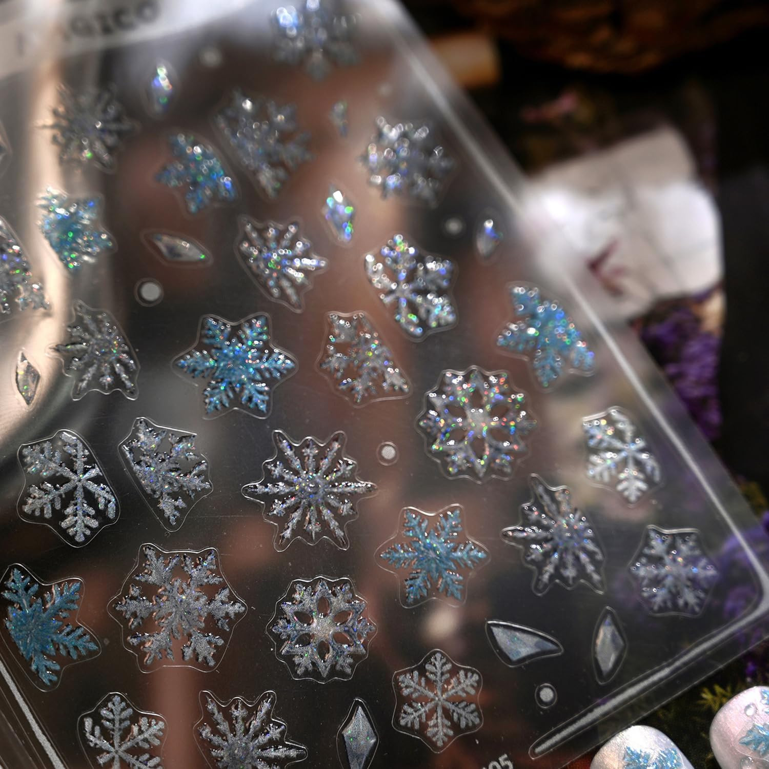 Winter Snowflake Nail Art Stickers, Blue White, 2 Sheets | 5D Embossed, Self-Adh