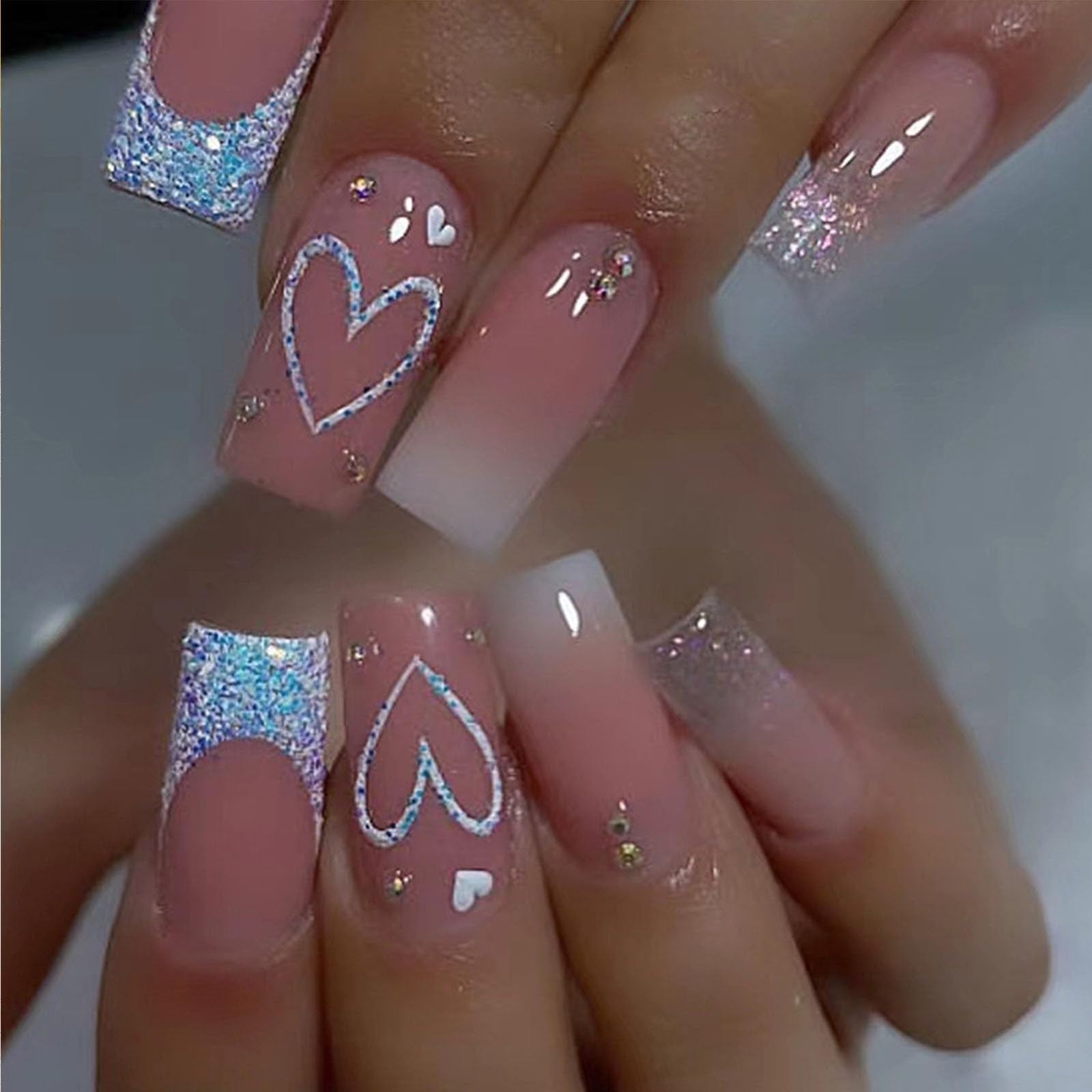 Square Press on Nails Medium Length Glitter French Tip Press on Nails Heart D…