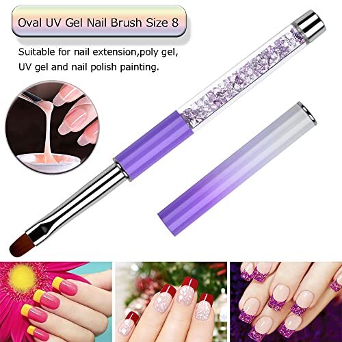 2Pcs Oval & Flat UV Gel Nail Brush Set Rhinestone Handle Professional Nail Art