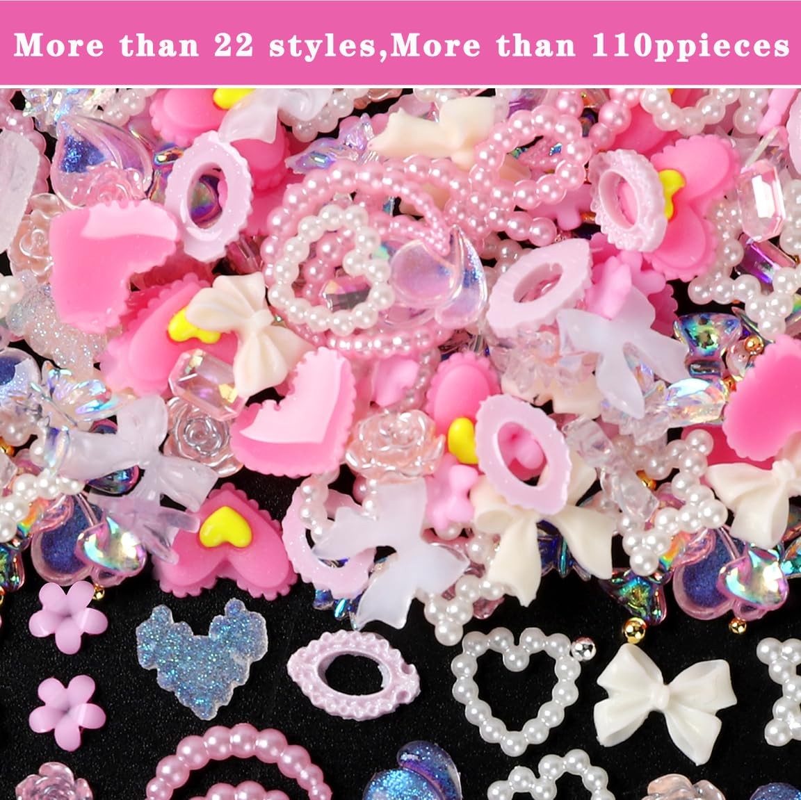 110pcs Assorted Pearls 3D Nail Charms, Pink Multi Shapes Heart Flower Bowknot…