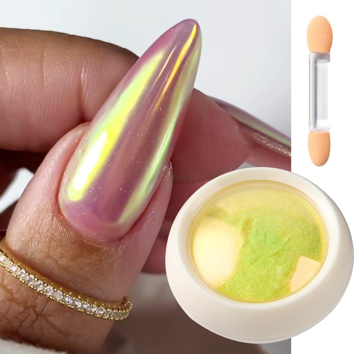 2 Jars Chrome Nail Powder Red and Gold Aurora, Iridescent Fairy Fine Chrome S…