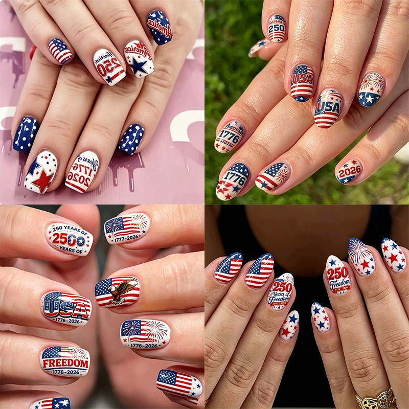 96Pcs Mixed Shape Nails, USA 250th Anniv, Flag Firework & Letter Print