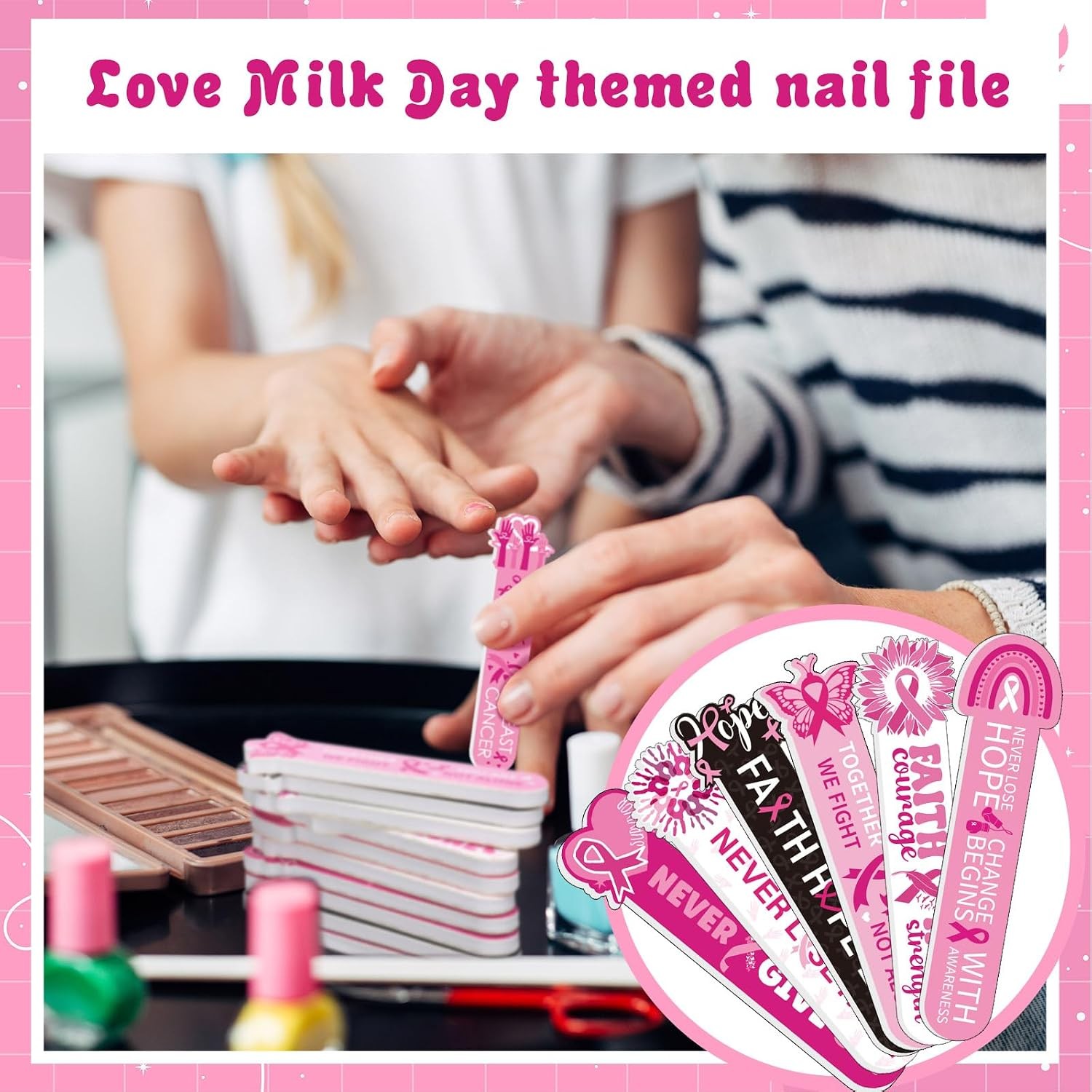 50 Pcs Breast Cancer Awareness Nail Files, Pink Ribbon Manicure Tools | Pink
