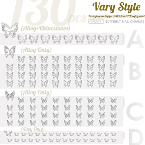 Butterfly Nail Charms, 130pcs 3D Butterfly Butterfly Mix Charms Set (B) Silver