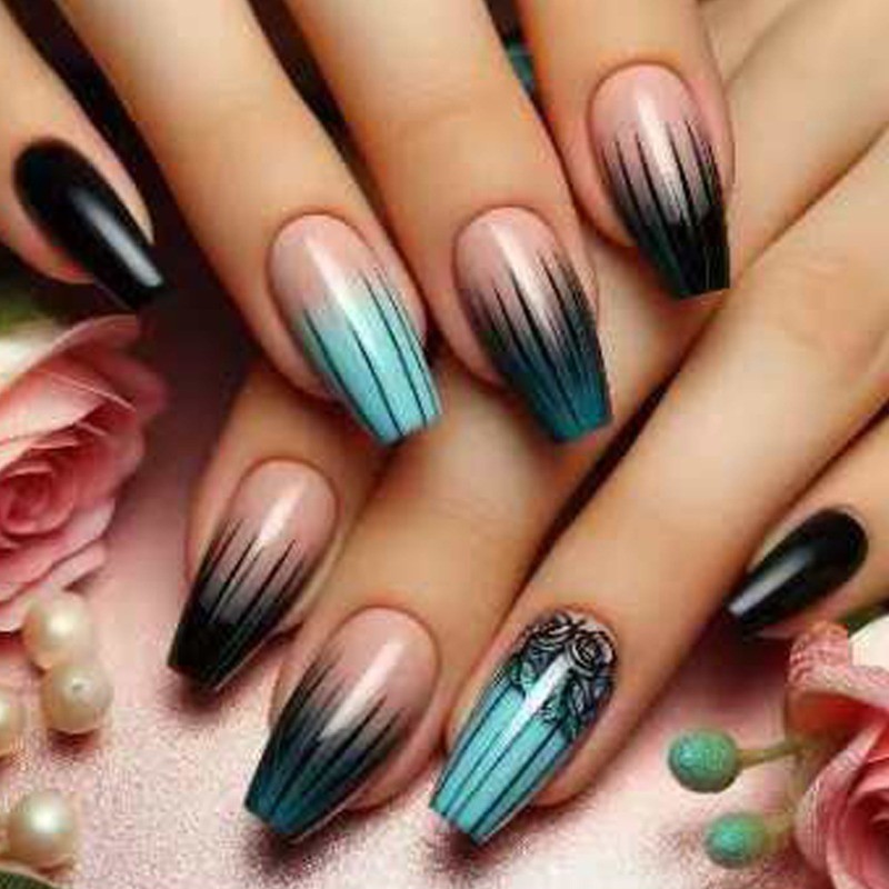 48pcs-Black & Teal Ombre Press on Nails, Coffin Nude with Hand-Painted Roses