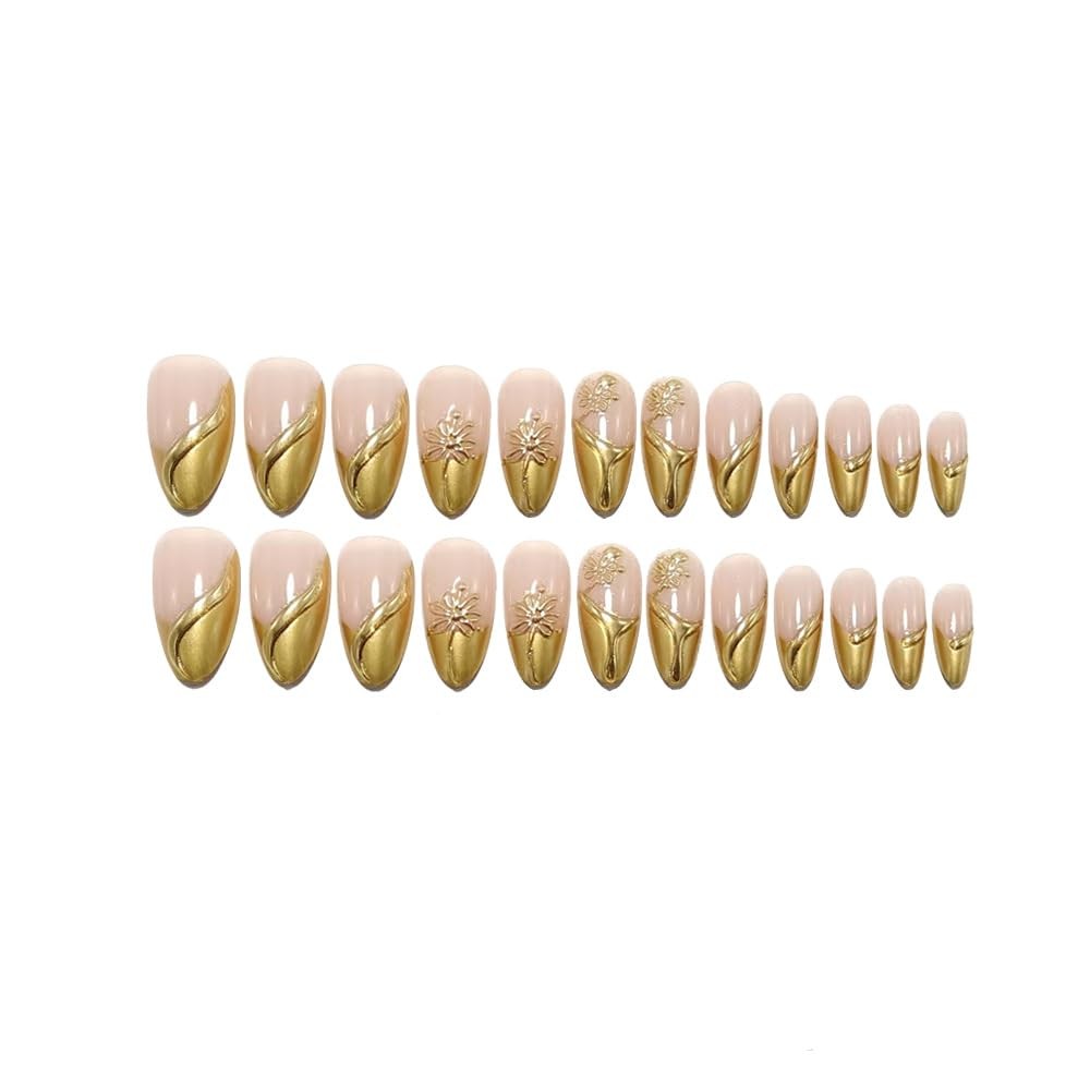 Gold French Tip Press on Nails Medium Almond Fake Almond, Style 1
