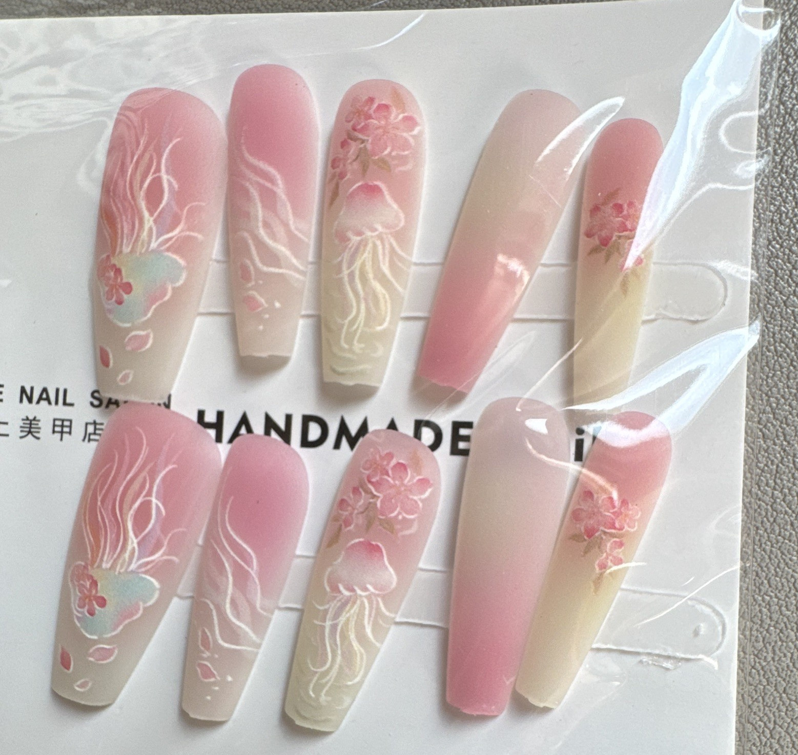 Press-On Nails Long Coffin Pink/White Ombre 3D Floral Full Cover Pre-Designed