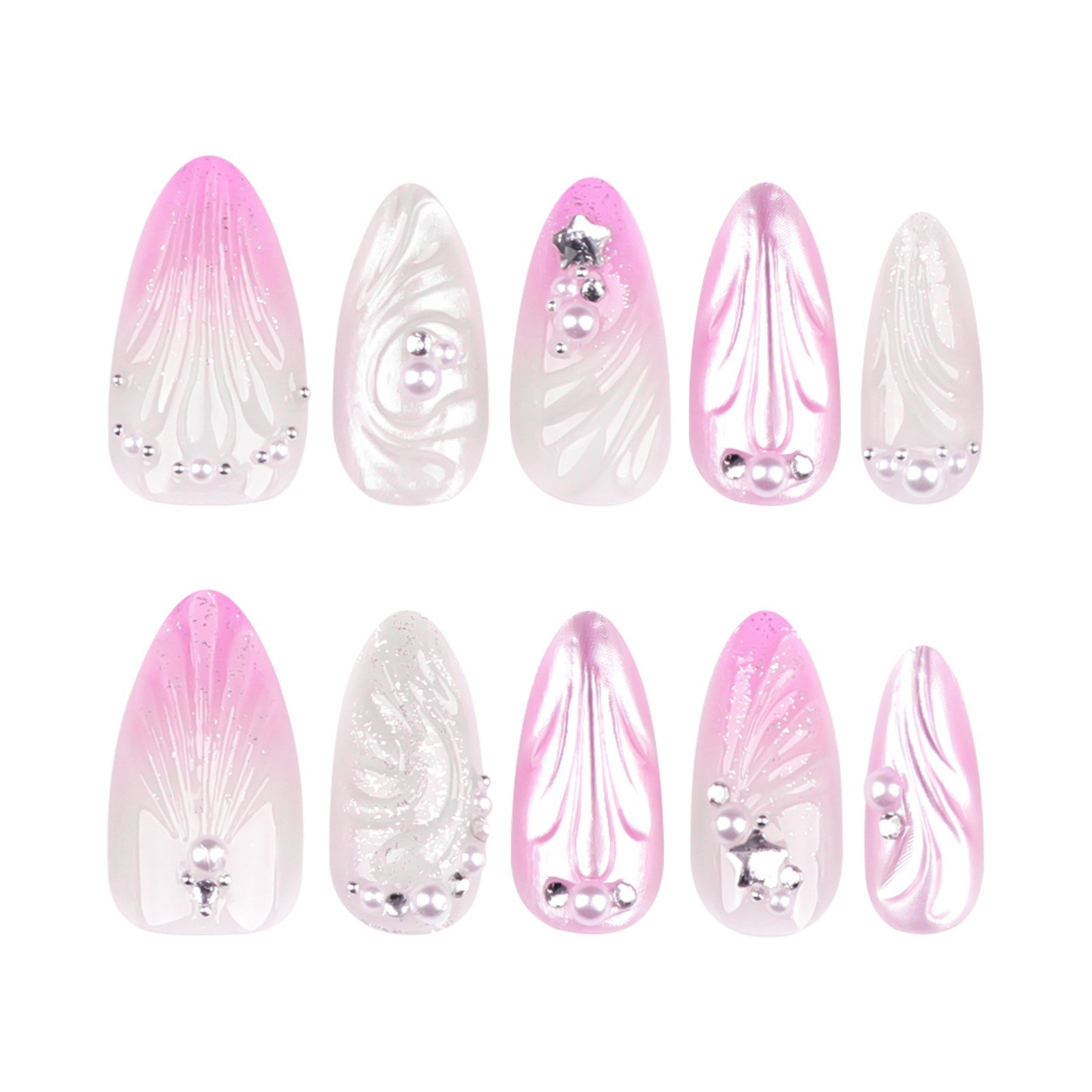 24pcs White and Pink 3D Shiny Shell Design Press on Nails, Medium Almond Shape