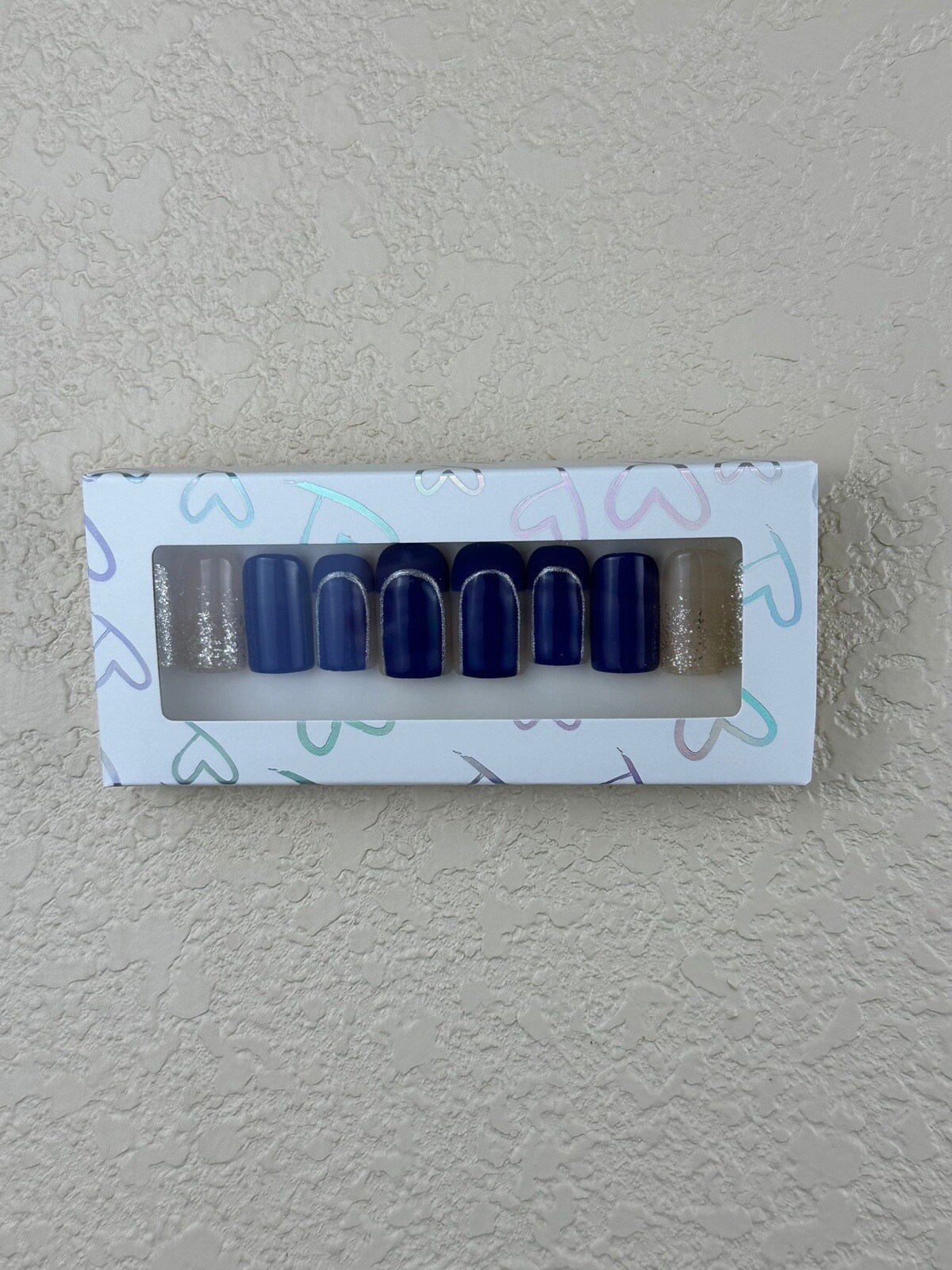 Blue & Gold Press On Nails, 10 Piece Full Set W/ Installation Kit