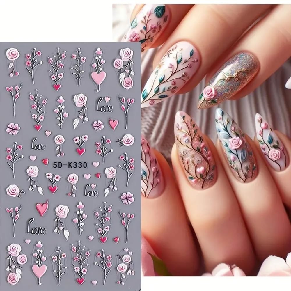 Purple Flower Nail Stickers 5D Embossed Branch Flowers Leaf Art A1