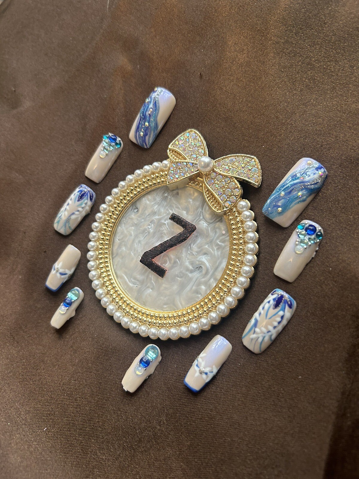 Z NAILZ! Handmade L Square Nude W/shades Of Blue Freestyle Design Press On Nails