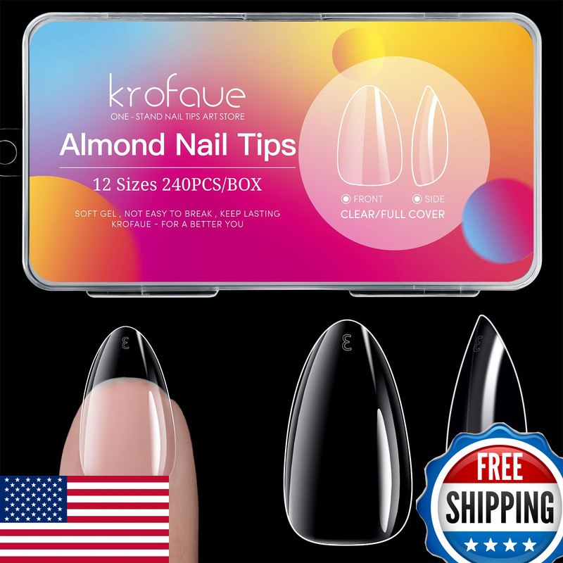 Krofaue Almond Nails Tips – 240Pcs Clear Fake Tips 12 Sizes Soft Gel False