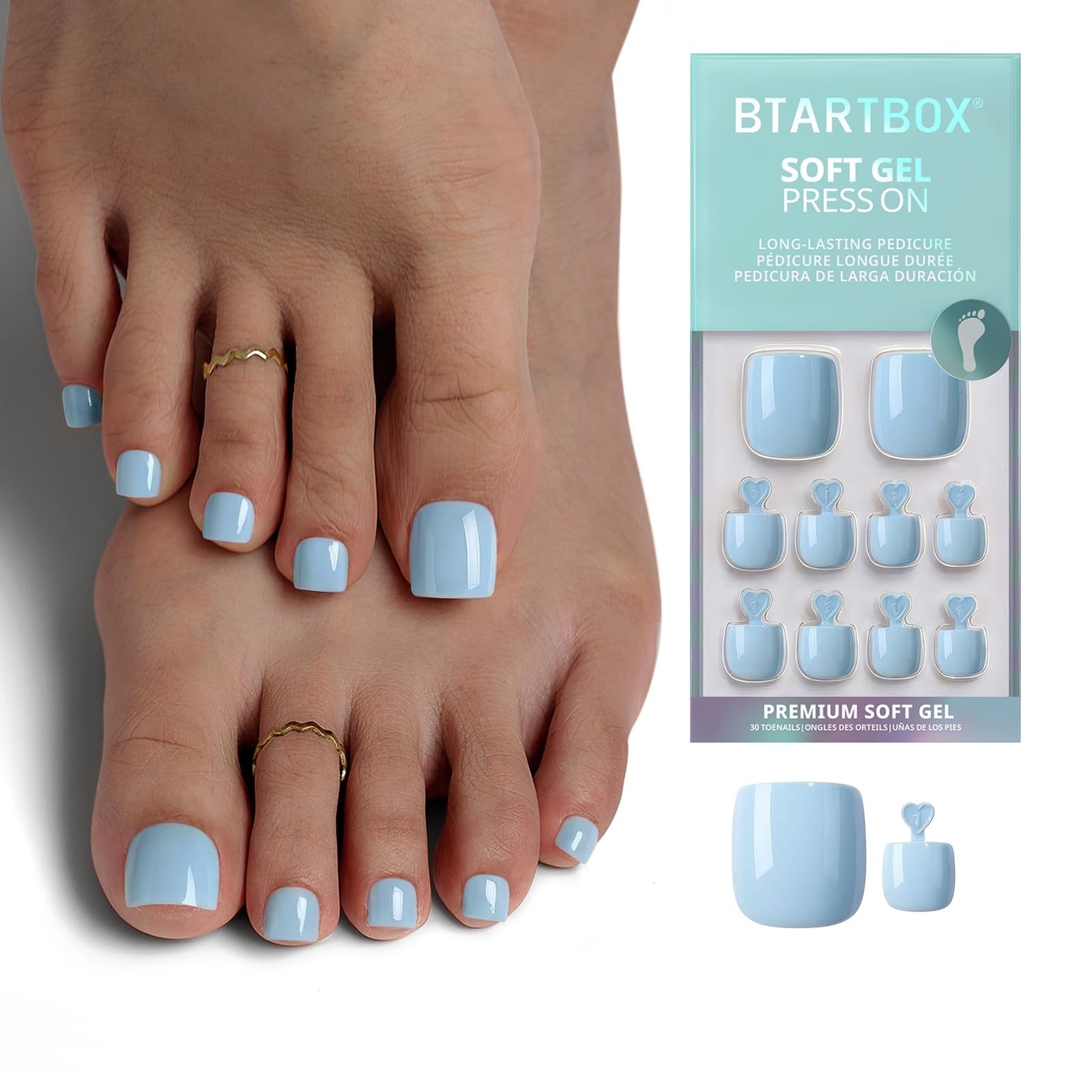 Light Blue Short Square Press-On Toenails – Easy Application, 30 Nails, 15 Sizes