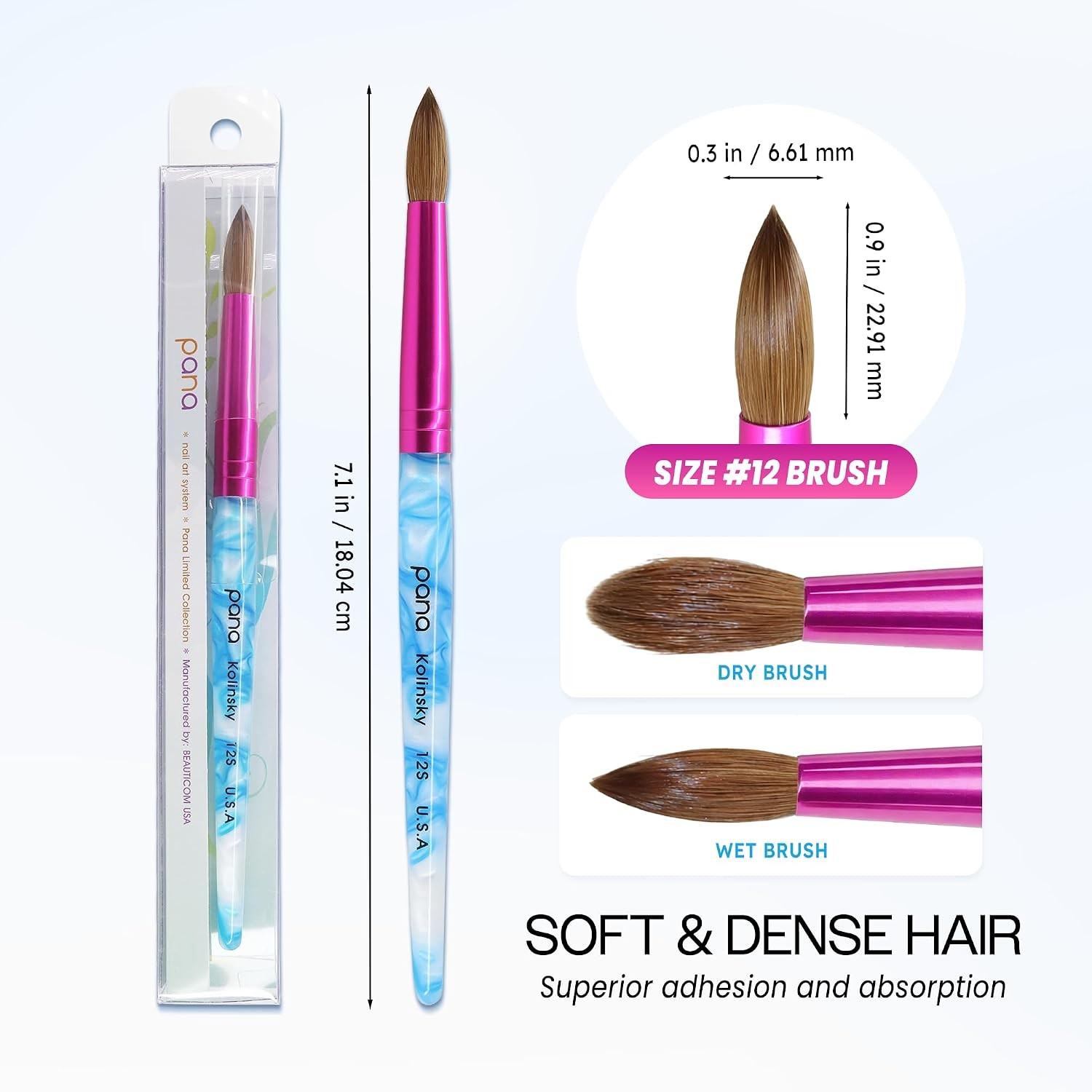 USA Acrylic Nail Brush Pure Kolinsky Hair White Swirl Blue Handle with Pink
