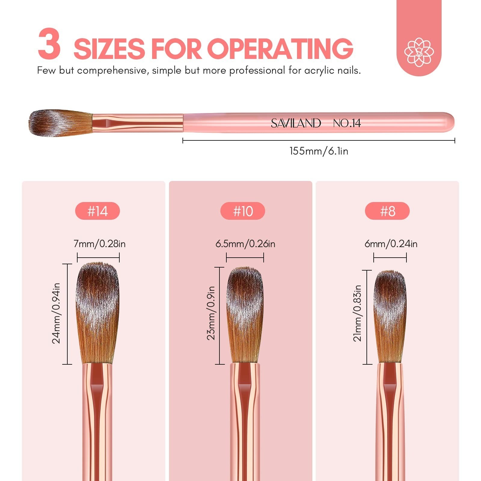 SAVILAND Acrylic Nail Brush Set – 3PCS Kolinsky Brushes for Nail Art
