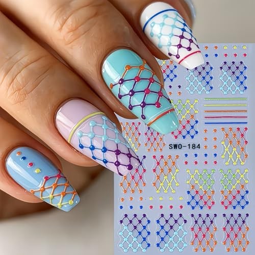 Colorful Line Nail Art Stickers Plaid Polka Dot Colorful Line Dot Style9