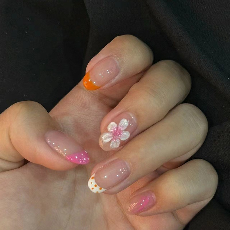 72Pcs-Short Almond Orange Pink 3D Flower Polka Dot Glossy Press on Nails Set
