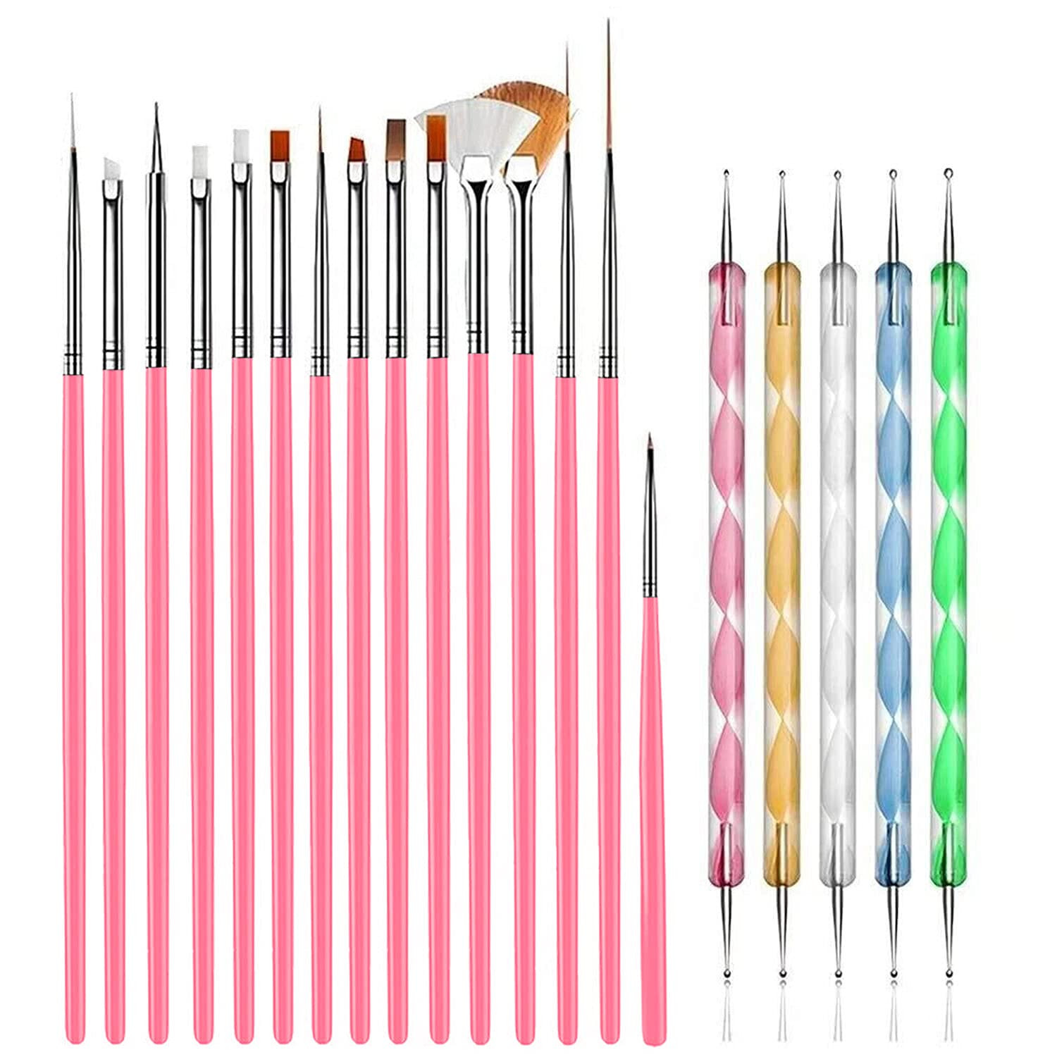 20Pcs Nail Art Design Tools, 15Pcs Brushes Kit with 5Pcs Dotting Pens, PINK