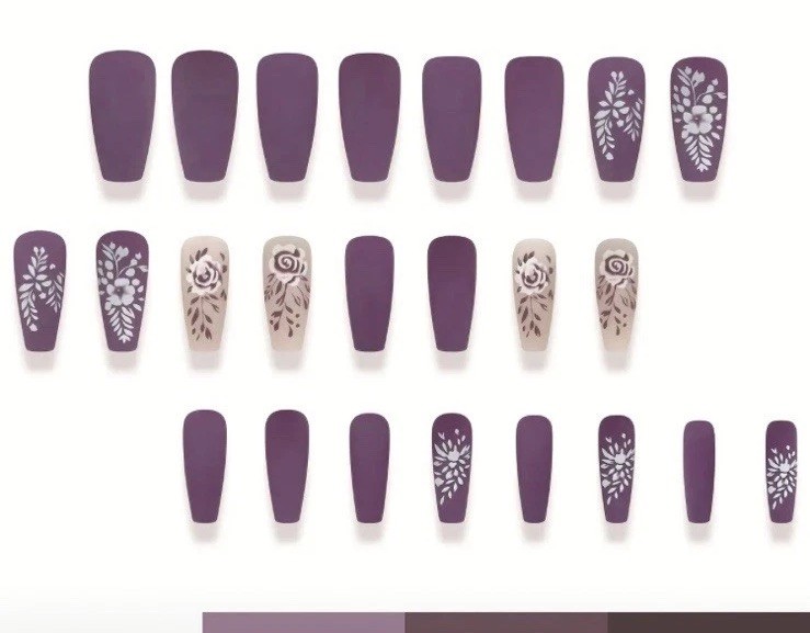 24pcs Purple Grey Floral Femme Coffin Nail Tips Finished Boxed Nails Glue & Tabs