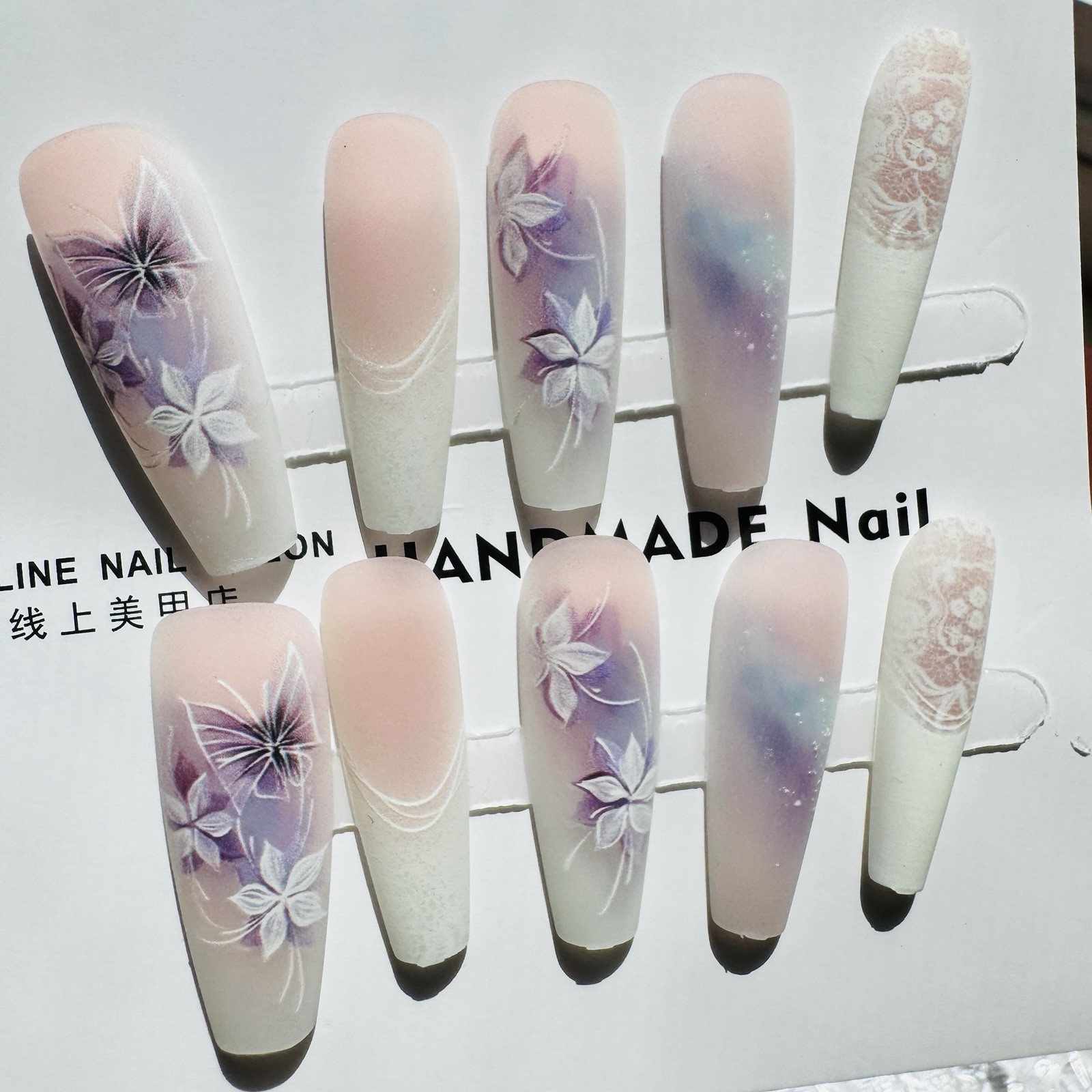 press on nails Long coffin matte pink purple white flower theme