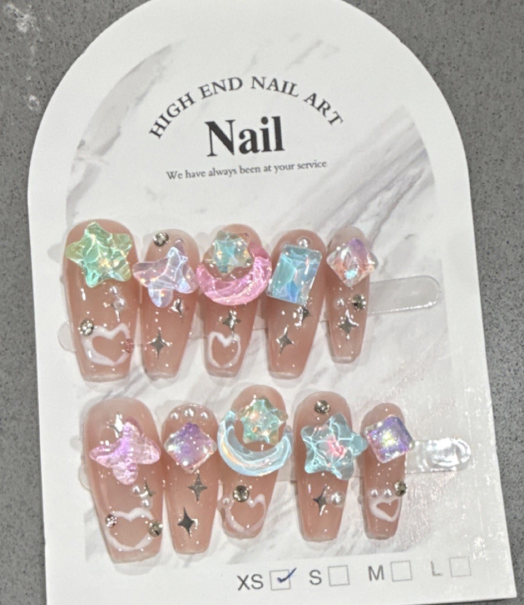 Nude Pink Blue Glitter 3D Star Heart Moon Square Press-On Nails Short Set