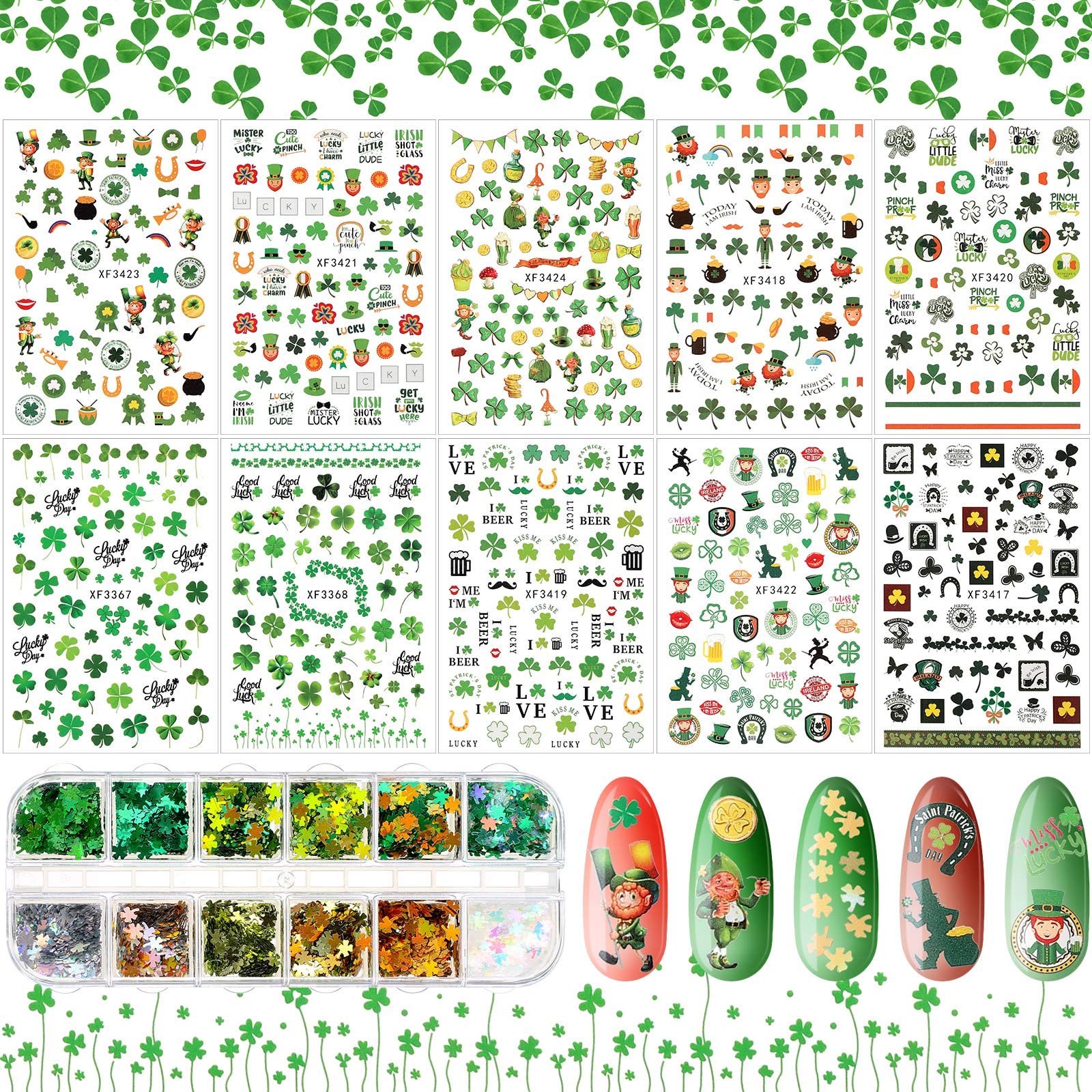 10 Sheets St. Patrick’s Day Nail Art Stickers 3D Self-Adhesive Nail Decals an