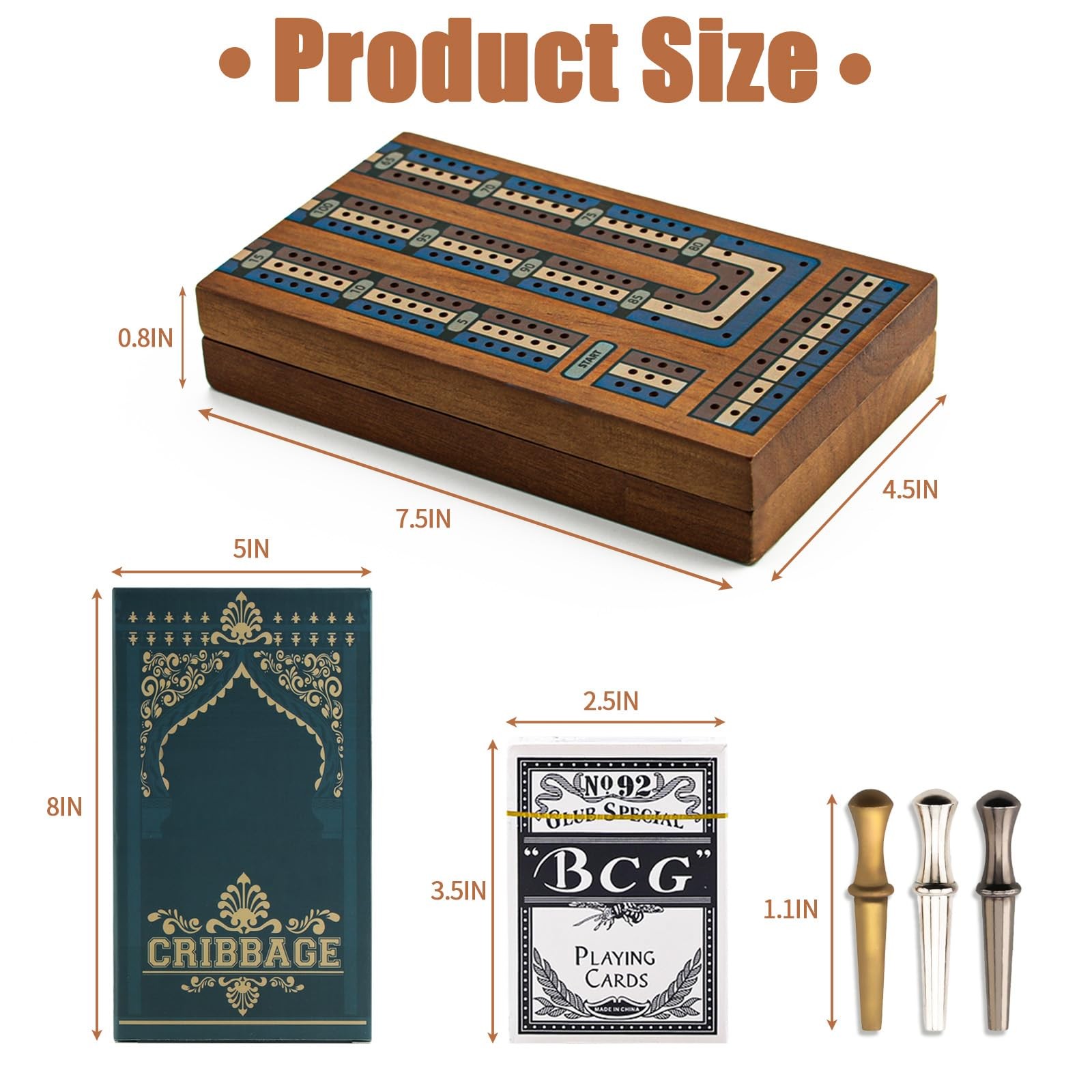 Wooden Cribbage Board Game Set, Travel 1.7 x 14 x 0.1 inches, Walnut Color