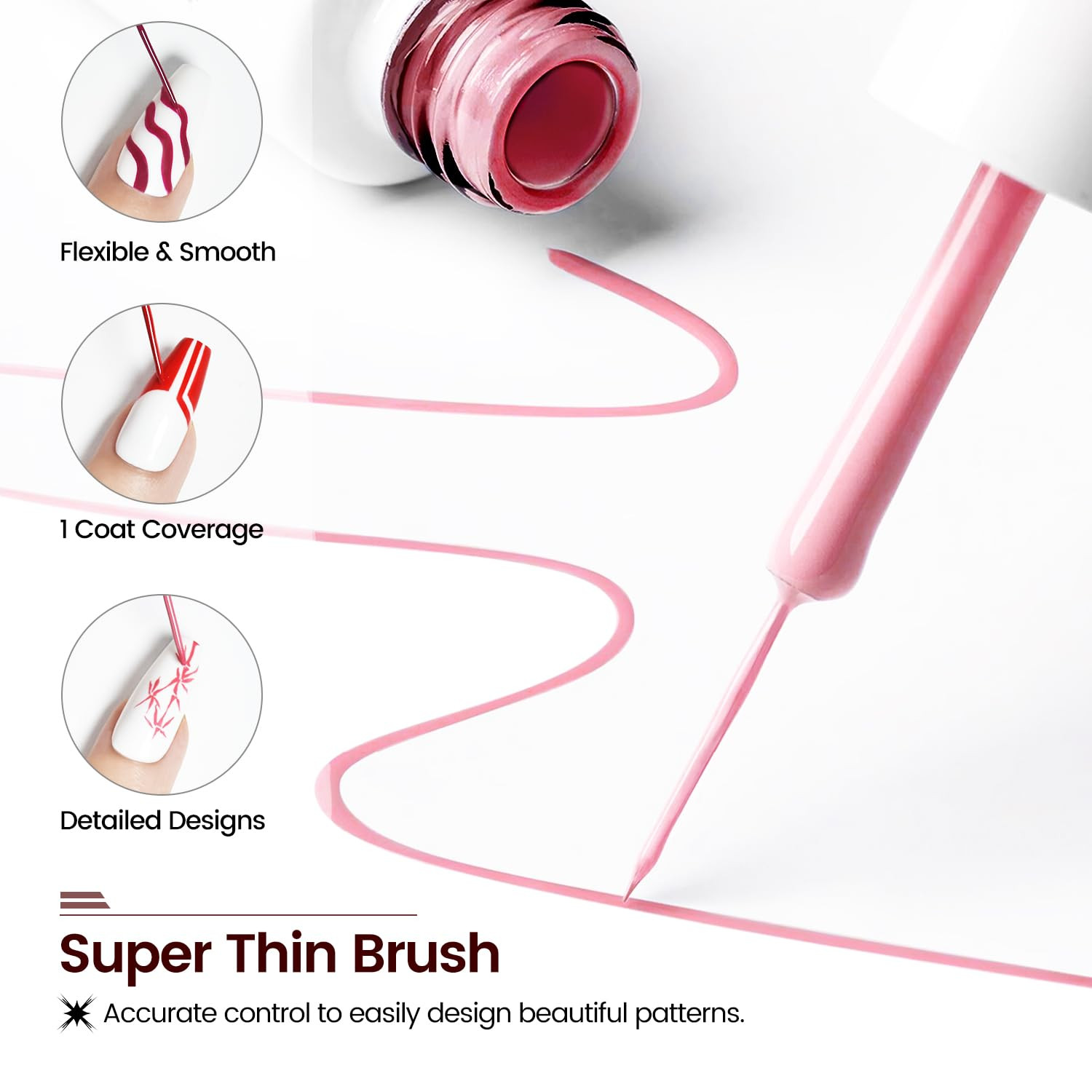 10Pcs Nail Art Gel Liner Set,3D Nail Art Pens Effect for Fine Lines,Thin Brush D