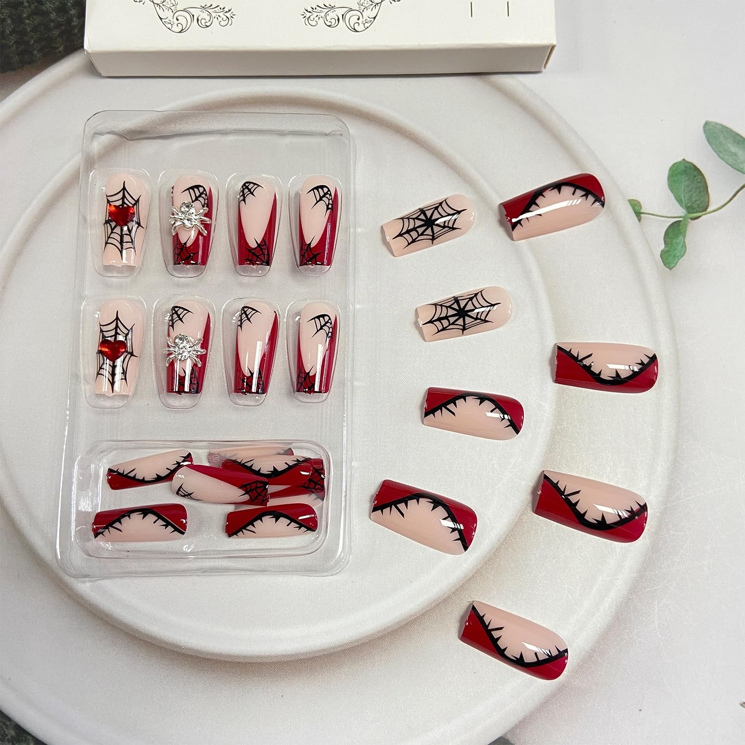Halloween Press on Nails Square Medium Fake Nails With 3D Spider Heart Charms…