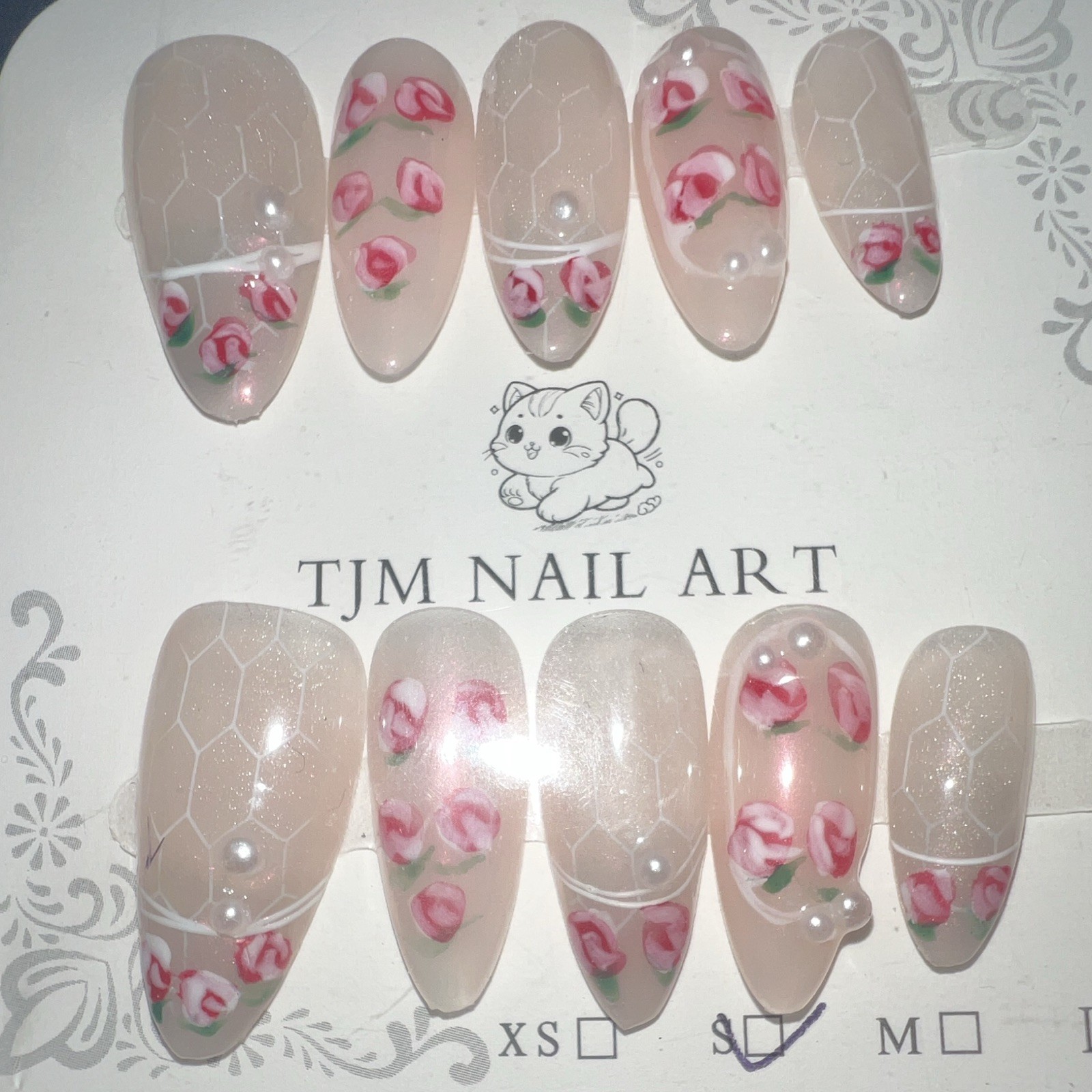 TJM Nail Art Almond Short Press-On Nails Full Cover Pink/White/Green Floral 3D