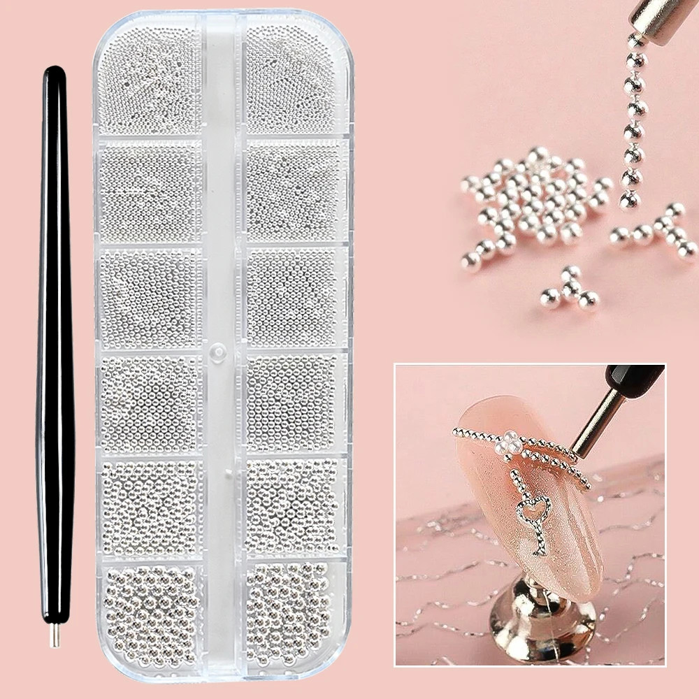 12Grids Mini Caviar Beads Nail Art Decorations Metal Gold/Silver Micro Ball Nail