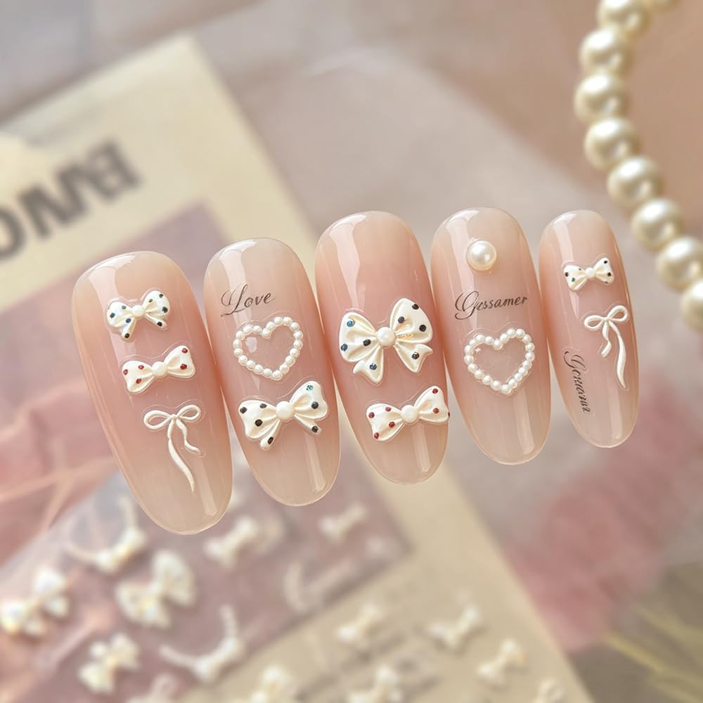 5D Embossed Polka Dot Bow Nail Stickers Shell Light Cute Heart Bow Nail Decals F