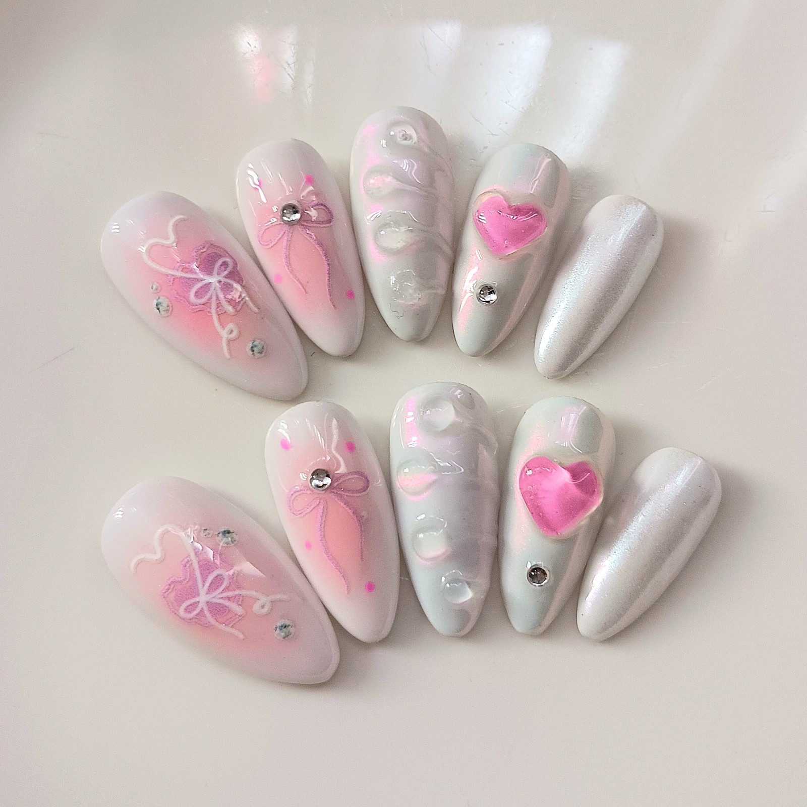 White and pink 3d Handmade Press on Nails 10pcs Almond Size S Diy Reusable