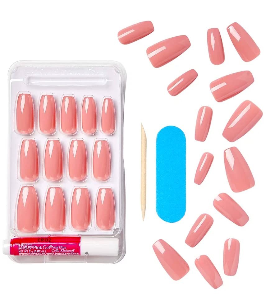 Kiss Gel Fantasy Collection Fake Nails Manicure Set, Pink, Long Petite, Pink