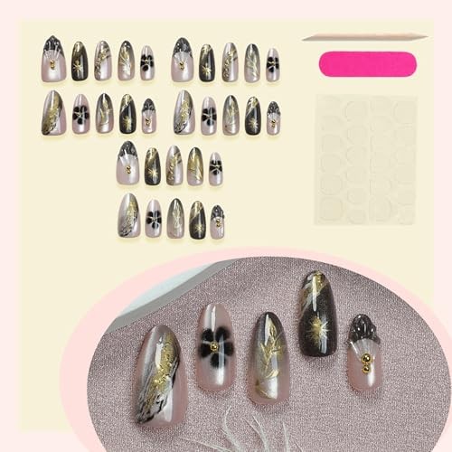 30Pcs Fall Press on Nails Medium Almond Black French Tip Fake Flower Nails-12