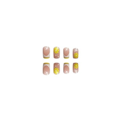 Square Press on Nails Medium – French Tip Fake Nails with Design Yellow Flower