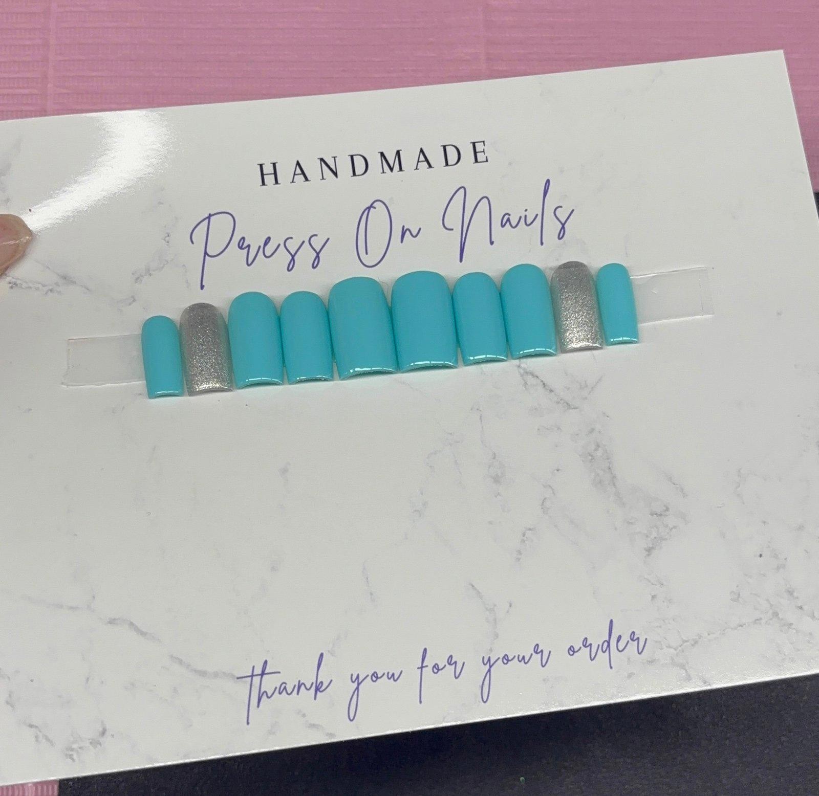 Short square Press on nails silver glitter teal light blue handmade custom gel