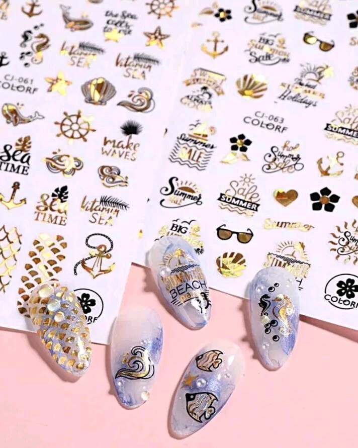 Beach Gold Nail Art Transfer Stickers Anchors Shells Mermaid Scales Whales Waves
