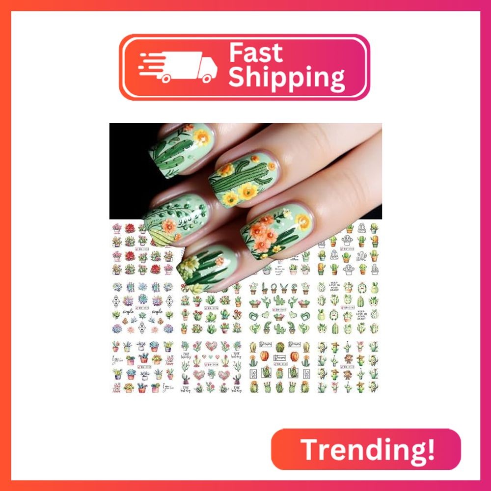 12 Sheets Green Cactus Nail Art Stickers Spring Summer Fall Winter Nail Stickers