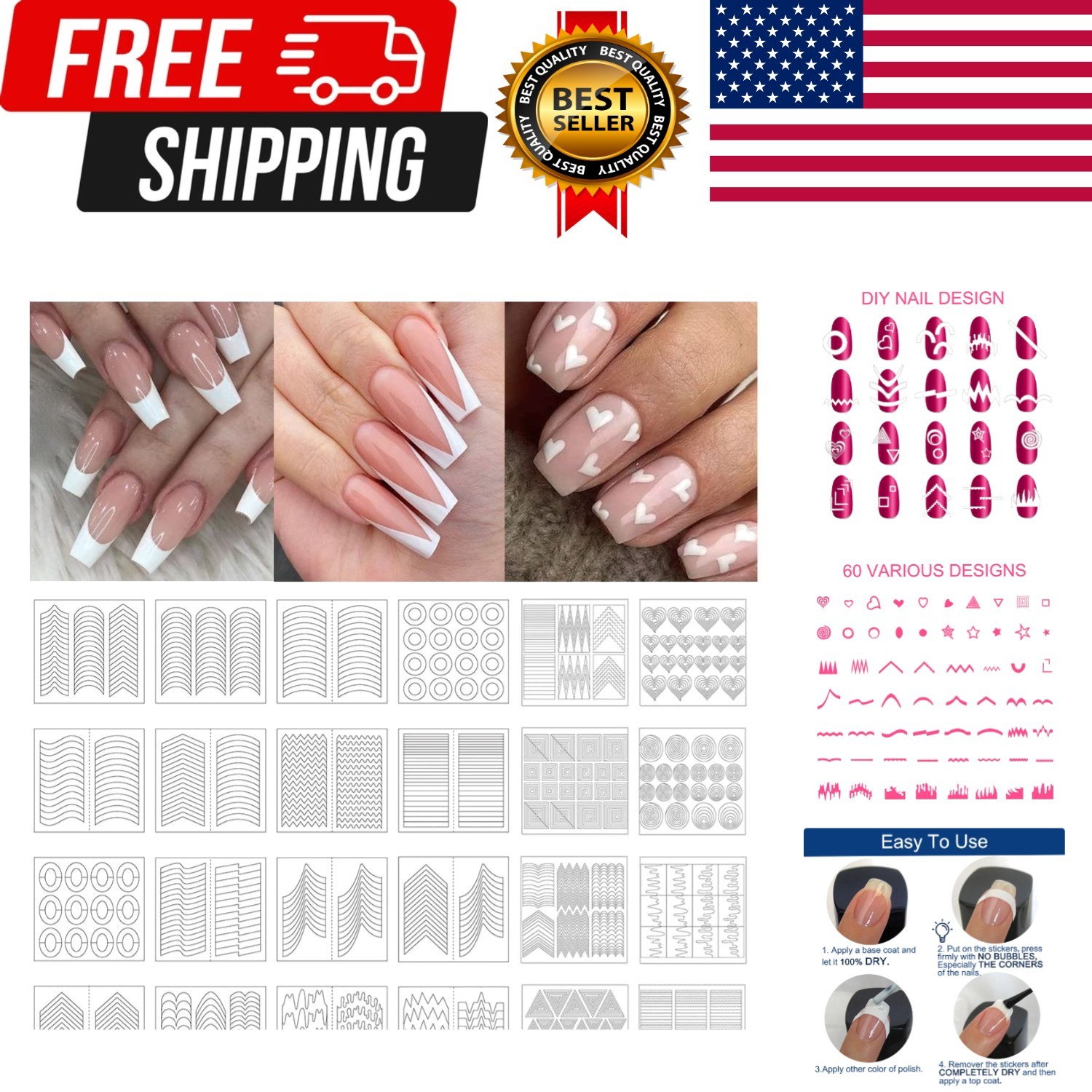 1768 Pieces 60 Designs French Manicure Nail Stickers, Nail Art Tips Guides fo…