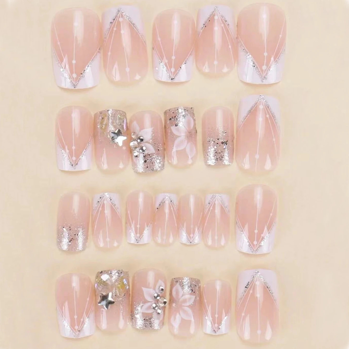 24PCS Square Press On Nails White French Pointed Fake Nails Flash Design Full