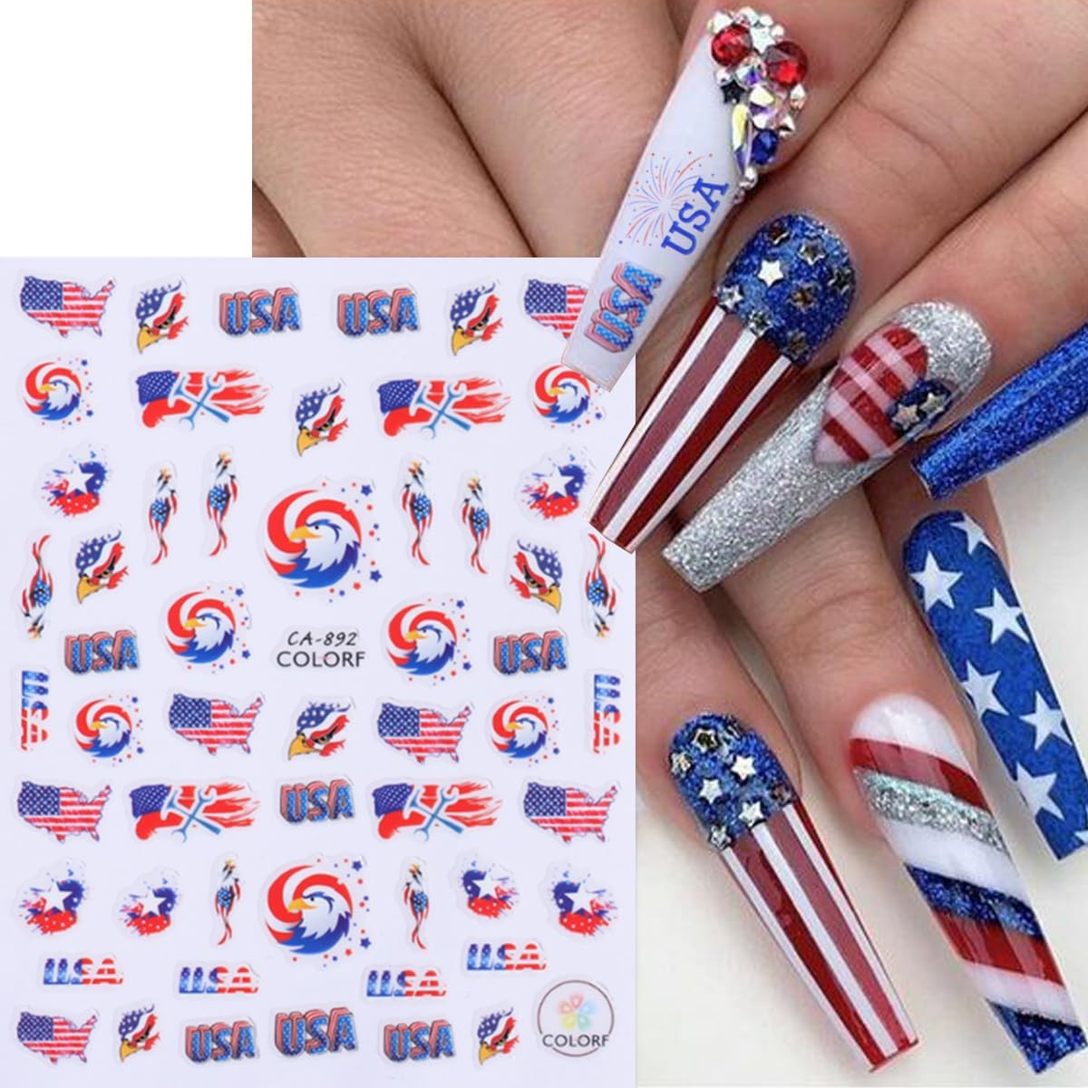 10 Sheets 4th of July Nail Art Stickers Patriotic Nail Decals 3D Self Modern