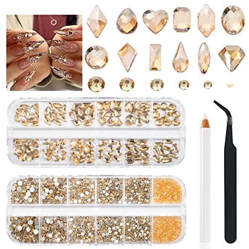2630Pcs Gold Nail Rhinestones 120 Multi Shapes Crystal Flatback A Set Champagne