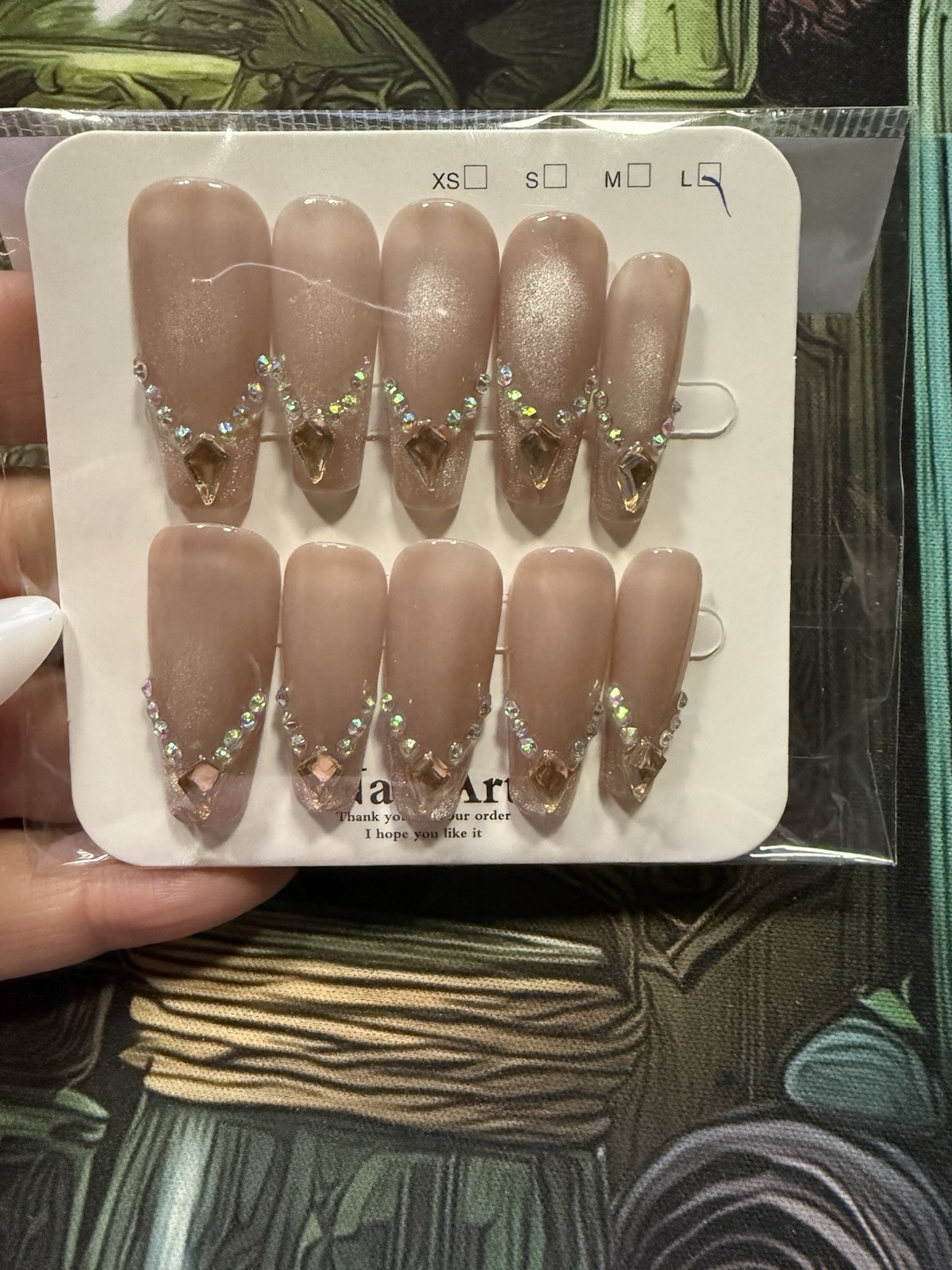 Extra Long Coffin Press On Nails Champagne Cat Eye Rhinestones In A Size Large