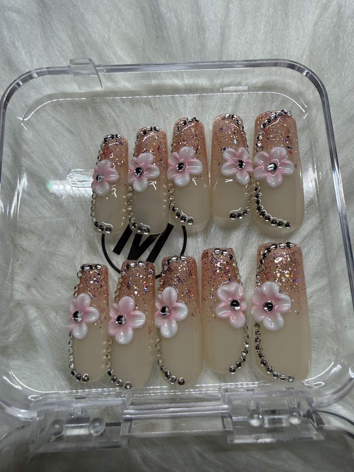 Long Coffin Press-On Nails Beige Pink 3D Shiny Flowers Rhinestone Full Cover