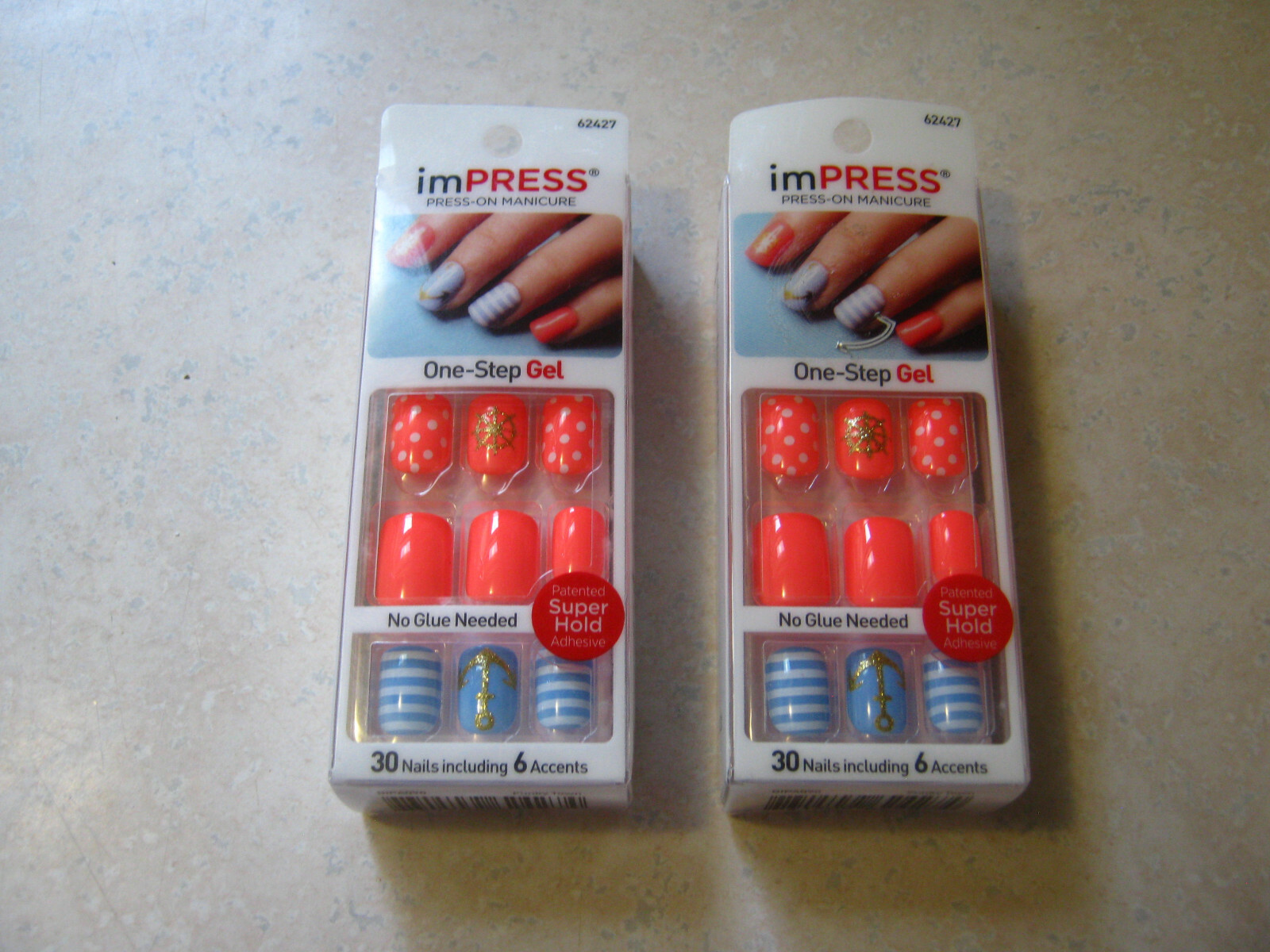 2 Impress FUNKY TOWN Press-On 30 Nails Anchor Nautical Orange Blue Ship 62427