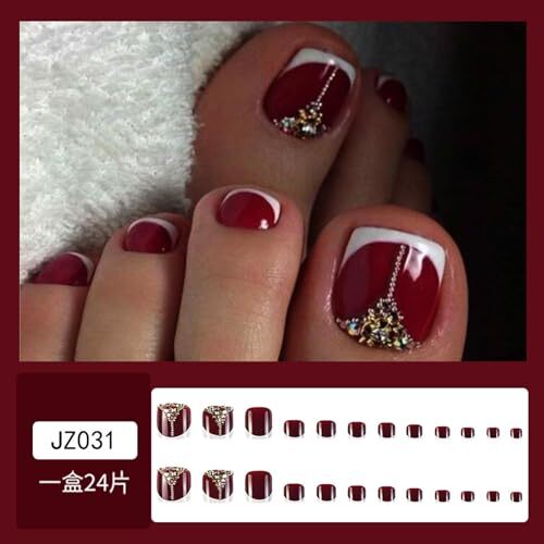 Red Press on Toenails French Tip Fake Toenail Rhinestone False Nail Style-18