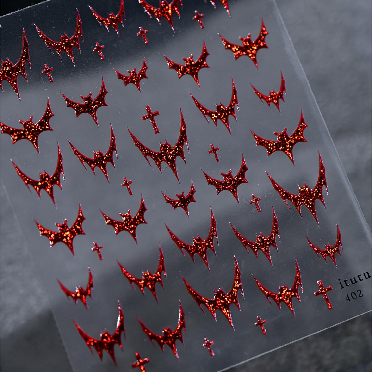 1 Sheets Red Bat Nail Decals for Nail Art 5D Halloween Nail Bat Stickers-3
