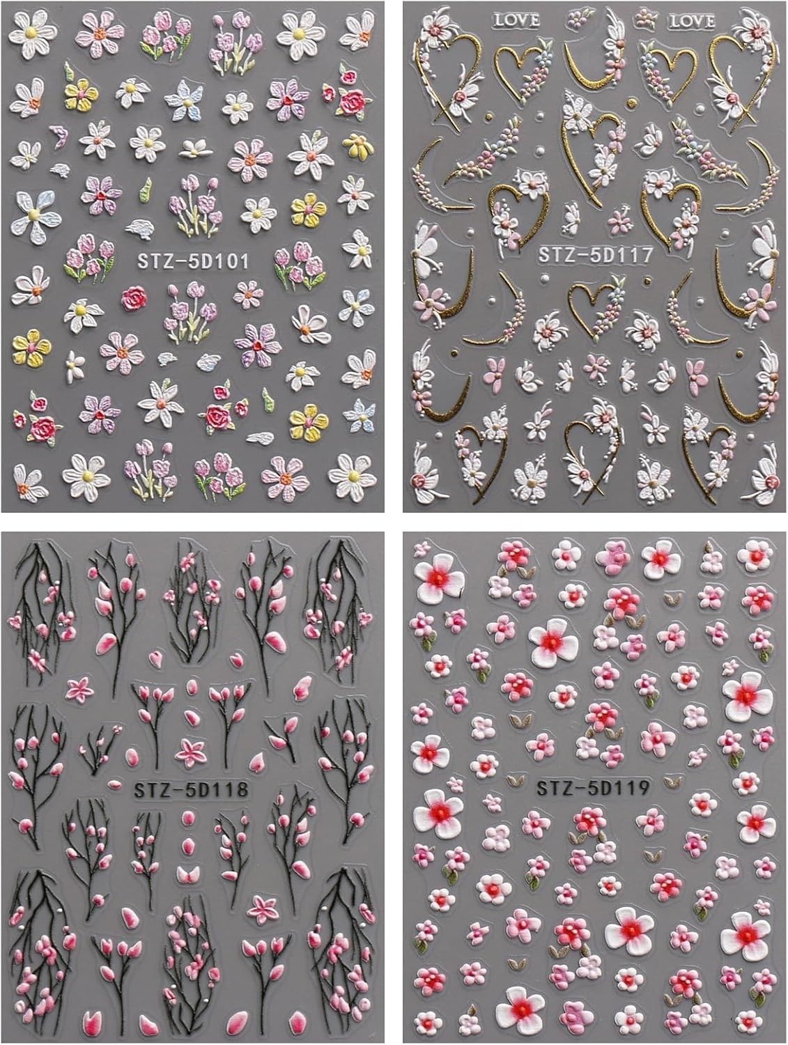 4 sheet Calcomanías de arte de uñas con flores en relieve 3D,primavera, verano,